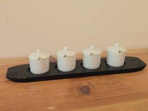 Ceramic Condiment  Spice Pot with Lid on Wood Serving Tray Set of 4
