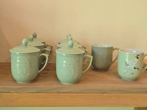 (7) Celadon Peony Embossed Sky Blue Porcelain Lidded Tea Cups  (1) Tea Cup with Crane Design