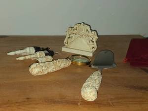 French Ivory Items - (2) Cork, Magnifying Glass, Pill Minder, Cheese Slicer, Skewer, Business Card Holder