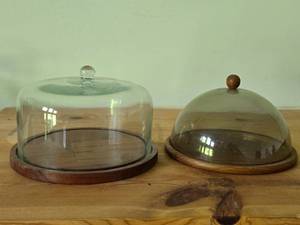 Lot of (2) Cloche Dome with Wood Base - (1) Glass  (1) Plastic