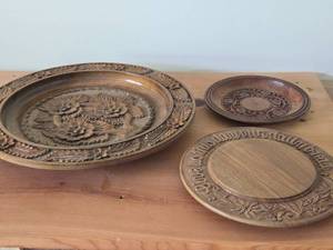 Lot of (3) Handcarved Wooden Decorative Wall Plates