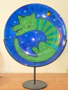 Cobalt Blue Art Glass Plate Featuring Green Cat and Stars on Stand