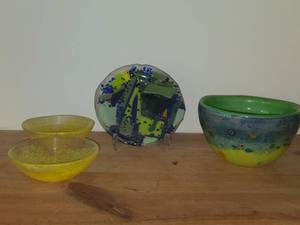 (2) Yellow Glass Bowls  Glass Bowl  Abstract Art Fused Glass Plate