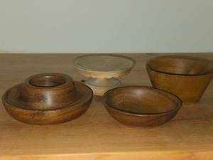 (2) Wood Bowls, (1) Teak Wood Chip Dip Bowl and (1) Cake  Mini Cake Stand