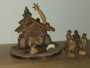 (4) Handcarved Wooden Folk Art Figurines  5-piece Handcarved Wooden Figurines in a Nativity Scene