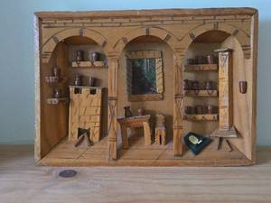 Vintage Handcarved Wood Diorama of a Miniature Kitchen