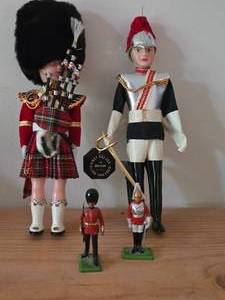 Scottish Royal Guard Piper Doll, Blues & Royals Trooper Doll, Metal Figurines (x2)