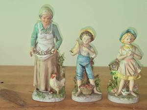 Homco Lady Farmer with Eggs 10, Homco Farmer Boy 8 and Homco Farmer Girl 8
