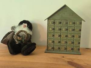 Wood House Shaped Christmas Calendar  Rustic Santa Claus Figure