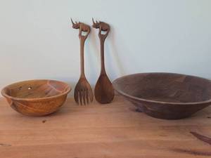 (2) Handcarved Teak Wood Salad Togs and (2) Wood Bowls - One Burl Walnut, One Pine D.G. Schindler 1999-48