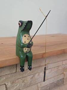 Handcarved Handpainted Wood Frog Shelf Sitter with Fishing Rod
