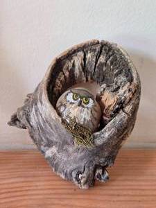 Handpainted Owl Rock set in Wood
