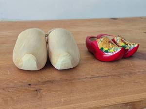Lot of (2 sets) Wooden Clog Decorations - One Unpainted Set, One Handpainted Set with Dutch Windmill Scene