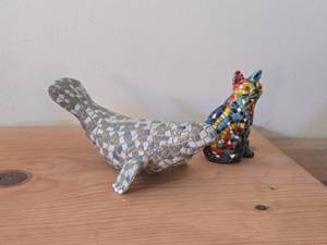 Lot of (2) Tile Mosaic Tile Figurines - Cat and Seal