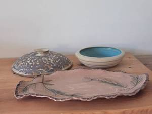 Lot of (3) Handcrafted Ceramic Dishwares - Leaf Serving Platter, Bowl, Pottery Lid