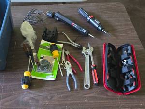 Lot of (1 Tote) Assorted Hand Tools - Screwdrivers, Adjustable Wrench, Cordless Screwdrivers
