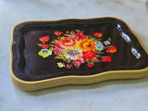 Lot of (5) Vintage Floral Metal Serving Trays from 1960s