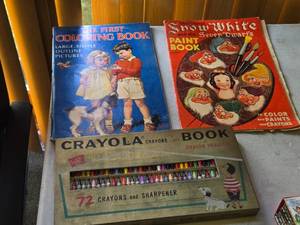 Vintage 1963 The First Coloring Book, 1938 Snow White and the Seven Dwarfs Coloring Book, 1958 Crayola No. 72 Crayon Set (Never Used )