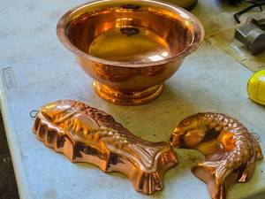(2) Coppertone Fish Mold  Wall Decoration  (1) Coppercraft Guild Pedestal Bowl