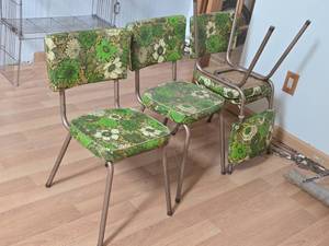 Lot of (4) Vintage Dinette Chairs with Green Floral Vinyl Upholstering and Chrome Plated Legs
