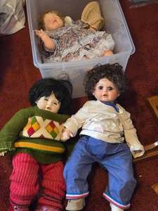 (2) Porcelain Dolls  (1) Plastic Doll