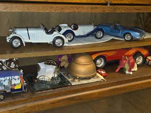 Lot of (2 Shelves) Dollhouse Miniatures and Scale Model Diecast Cars
