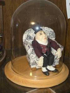 Display Cloche with Wood Base and Miniature Figure in Chair