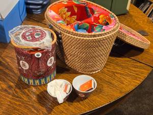 Chineoserie Traveling Man Shou Porcelain Tea Set  Padded Warmer Picnic Basket