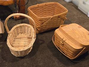 (2) Picnic Baskets and (1) Wicker Basket with Handle