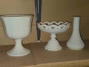 Lot of (3) Milk Glass Dishwares - Vase, Pedestal Compote Dish (x2)