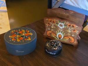 Rosemaling Items - Napkin Holder, Trinket Boxes (x2)