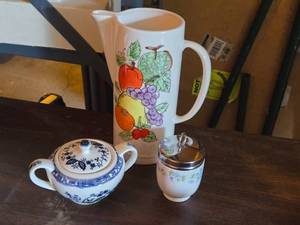 Norde Blue Sugar Bowl, Crown Staffordshire Egg Coddler, Ceramic Juice Pitcher