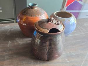 Lot of (3) Handcrafted Ceramic Vases and Lidded Pot