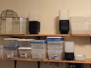 Lot of (2 Shelves) Plastic Storage Bins