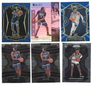 Lot Of 6 Minnesota Timberwolves Basketball Cards Including 2019-20 Panini Illusions Naz Reid #198 Holo Foil, 2020-21 Panini Prizm Jayden McDaniels Rookie Card #277, and More