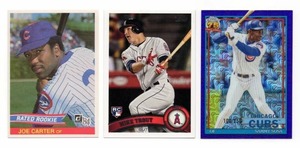 Lot Of 3 Baseball Cards Including 1984 Donruss Rated Rookie Joe Carter #41, 2026 Topps Chrome 35th Aniversary Sammy Sosa Purple Refractor #91c-88 250, and 2019 Topps Mike Trout ICR-99 Rookie Card (REPRINT)