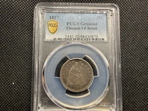 1857 Silver Seated Liberty Quarter PCGS Genuine Cleaned VF Detail