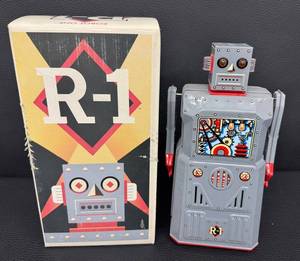 Vintage Tin Metal Robot R-1 Rocket USA with Original Box