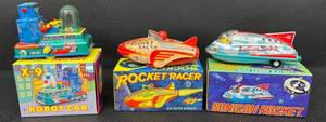 Vintage Rocket USA Tin Toys Robot Car, Rocket Racer & Sonicon Rocket (Lot of 3)