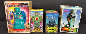 Vintage Tin Wind-Up Robots Robot With Wheels, Shooting Giant, Robby & Spark Robot (Lot of 4)