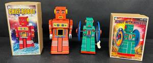 Vintage Tin Toy Robots Chief Robot & Robot With Wheels (Lot of 2)