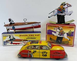 Vintage Tin Wind-Up Toys Schylling Felix the Cat Speedboat, Cowboy & City Cab (Lot of 3)