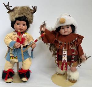 Native American Danbury Mint Doll Pair Little Deer Dancer 1994 & Little Eagle Dancer 1993