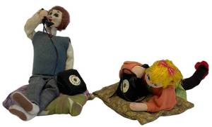 Vintage Cloth Doll Pair Klumpe Roldan Folk Art Telephone Scene