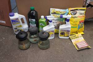 Assorted Outdoor Pest Control and Vintage Tiki Lamps