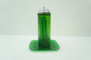 Vintage Emerald Green Glass Straw Dispenser and square plate