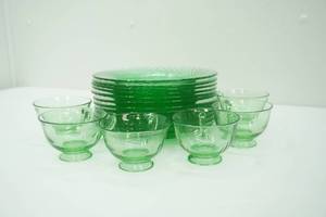 Vintage Green Depression Glass Plates, Duncan & Miller Spiral Flutes and Teacups