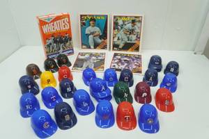 Vintage 5-14 Plastic MLB Mini Batting Helmets 1987 World Series Wheaties Box (unopened) 4ct Vintage Twins Topps Folders (never used)