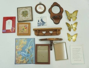 Vintage Wall Decor Framed Tiles, Porcelain Wall Plaque, Brass Butterflys, Wood Shelves