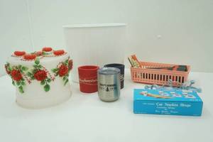 Small Housewares. Waste basket, Tacks, 2 Flashlights, Ceramic Cat Napkin Rings, Organizing Basket, Can Koozies